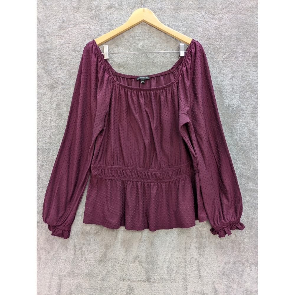 Boho Peplum Blouse Women 18/20 Burgundy Swiss Dot Smocked Lane Bryant Top